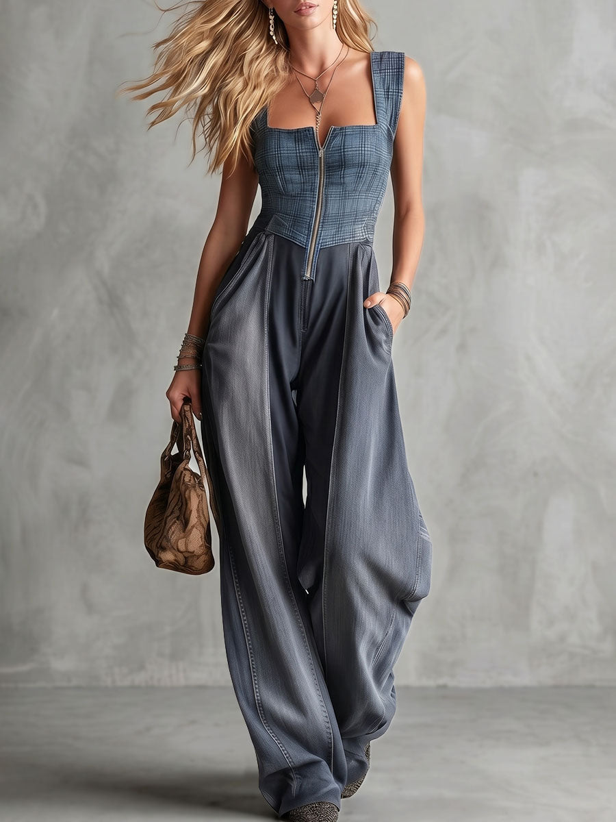 High Waisted Sleeveless Contrast Color Elasticity Pockets Split-Joint Zipper Square-Neck Jumpsuits