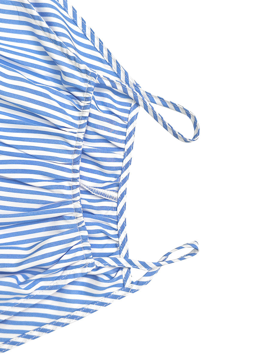 A-Line Loose Contrast Color Pleated Striped Halter-Neck Maxi Dresses