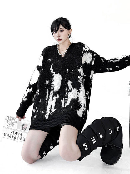 Long Sleeves Loose Abstract Printed Contrast Color Ribs Split-Joint V-Neck Sweater Tops