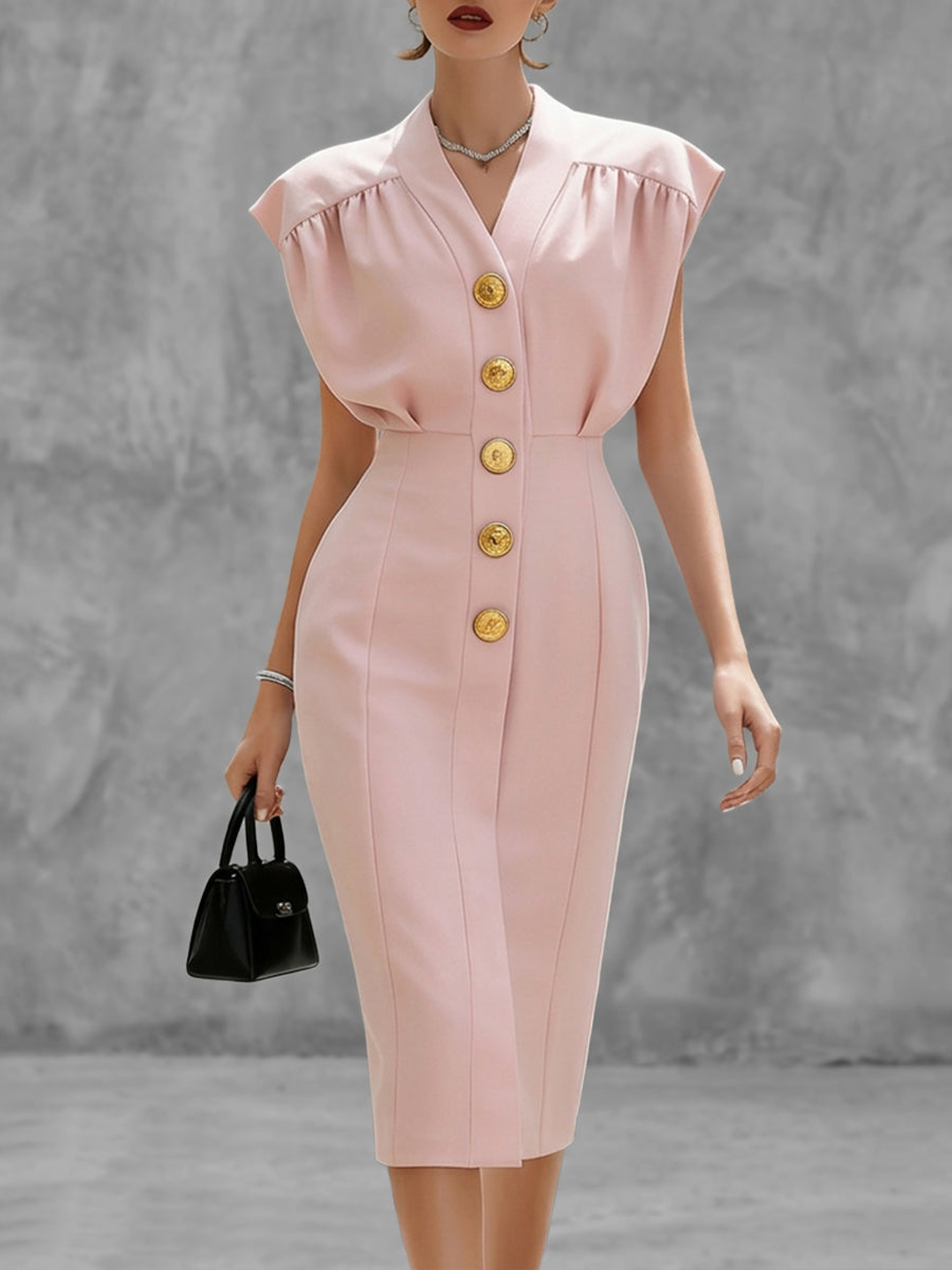 Bodycon Cap Sleeve Buttoned Pleated Solid Color Split-Joint V-Neck Midi Dresses