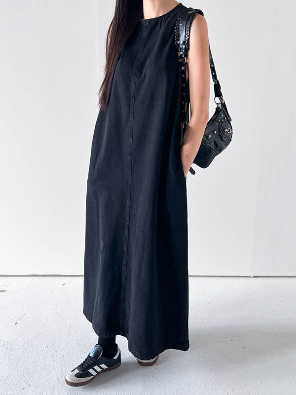 A-Line Loose Pockets Solid Color Tied Round-Neck Maxi Dresses