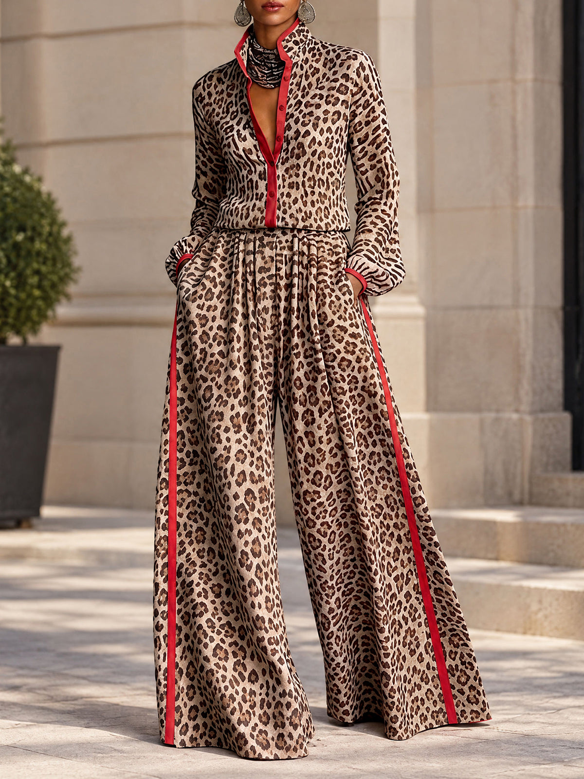 Split-Joint Leopard Contrast Color Buttoned Long Sleeves Stand Collar Blouses&shirts Tops