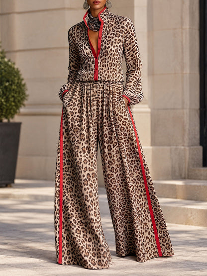 Split-Joint Leopard Contrast Color Buttoned Long Sleeves Stand Collar Blouses&shirts Tops