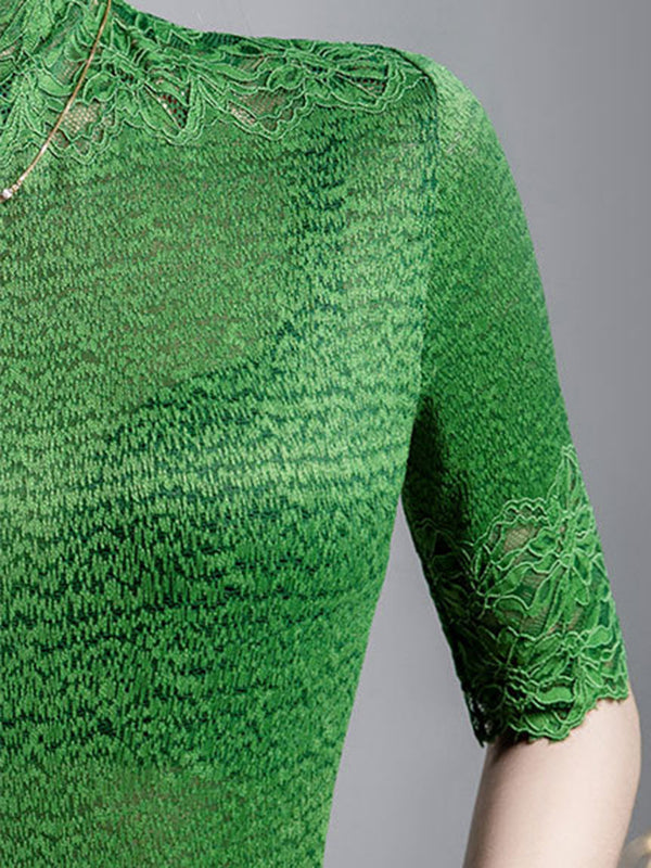 False Two Half Sleeves Slightly Sheer Split-Joint Textured High Neck T-Shirts Tops