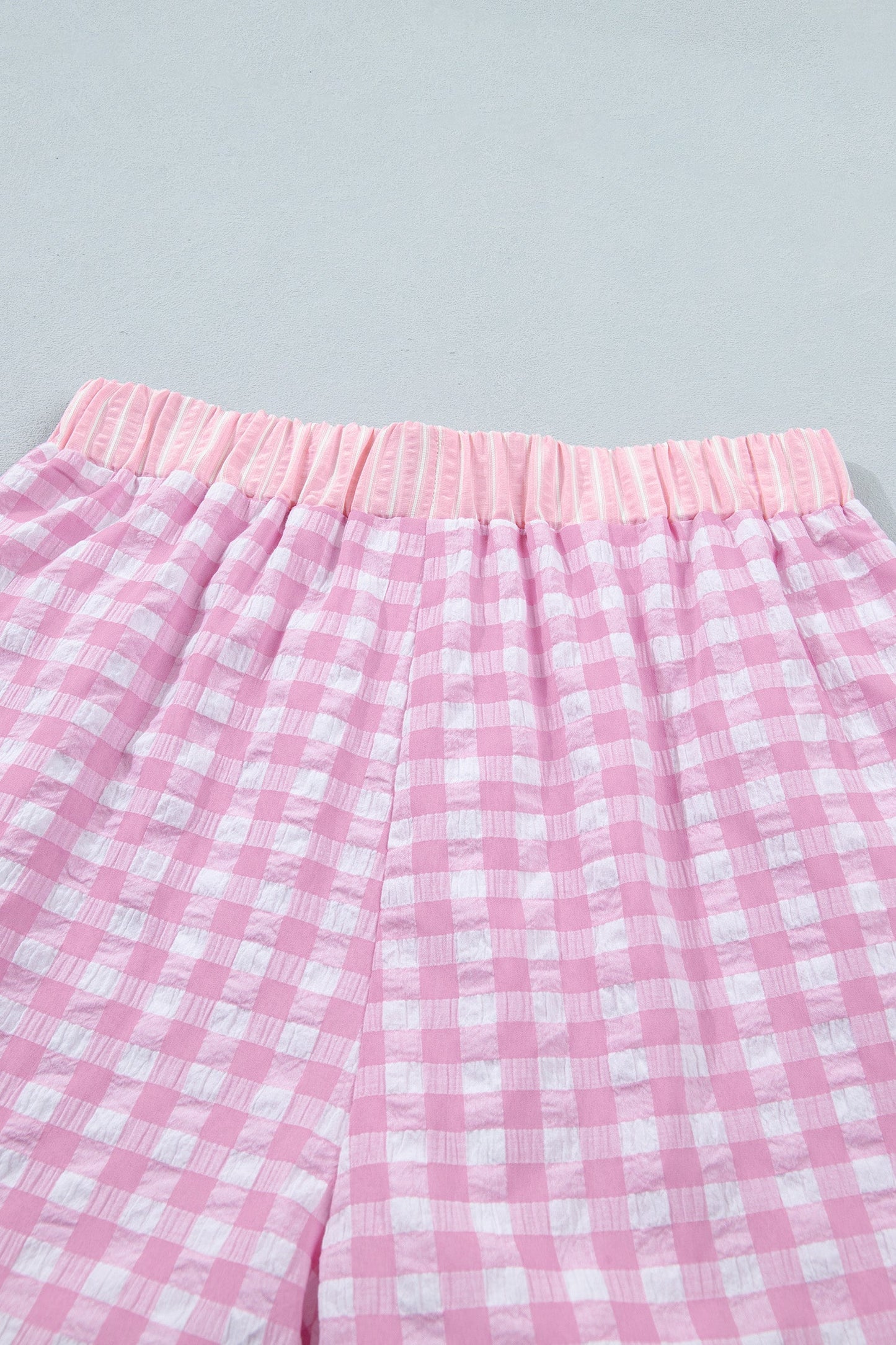 Sky Blue Gingham Print Ruffle Striped Detail Lace Tie Shorts