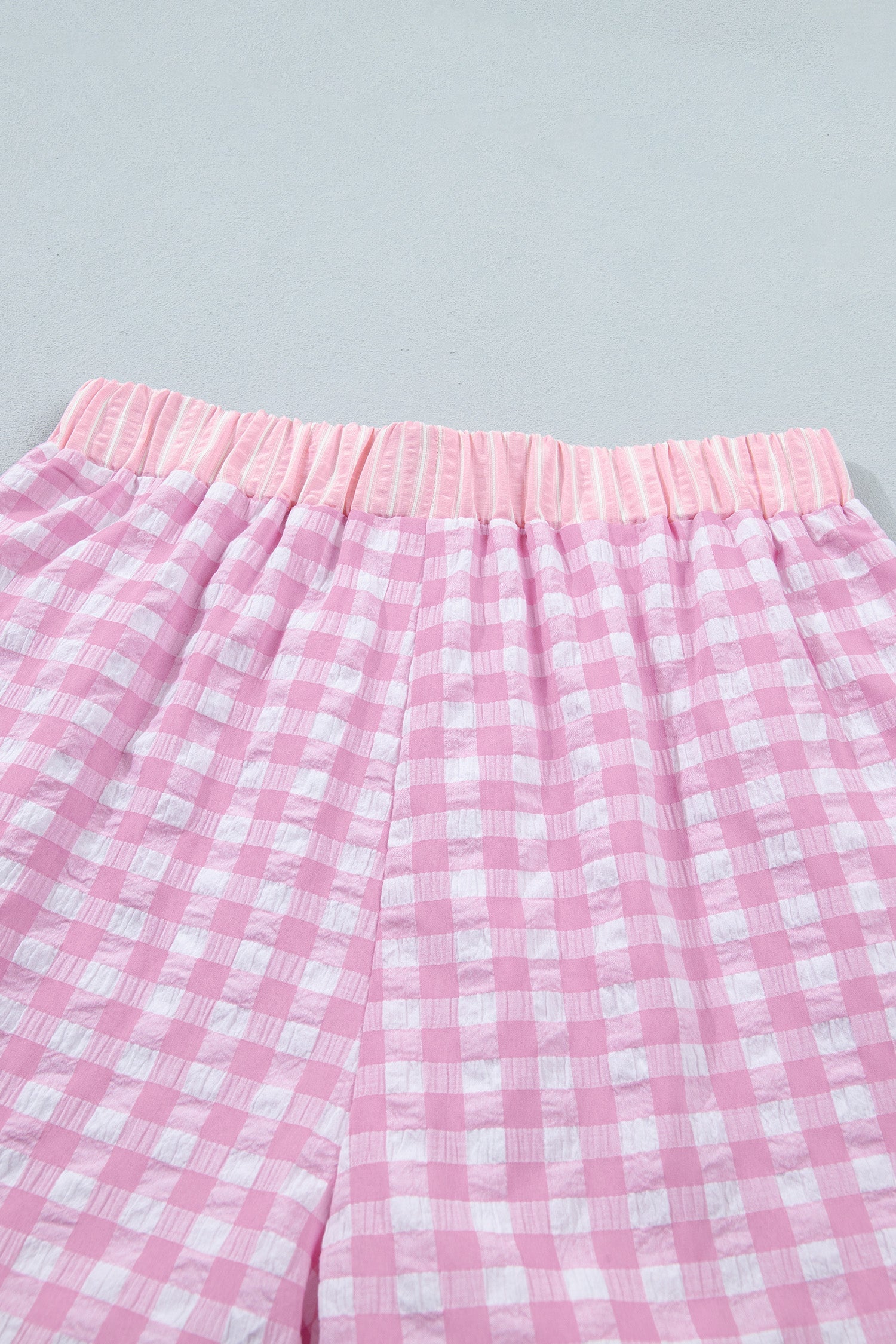 Sky Blue Gingham Print Ruffle Striped Detail Lace Tie Shorts