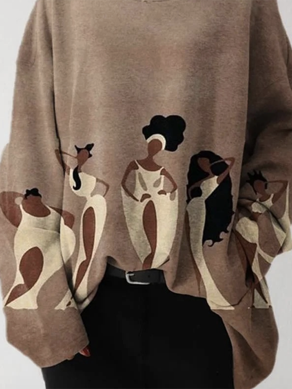 Long Sleeves Loose Figure Printed Heaps Collar Hoodies&Sweatshirt Tops