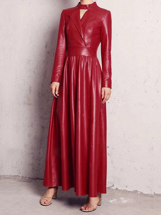 Long Sleeves Hollow Solid Color High-Neck Maxi Dresses