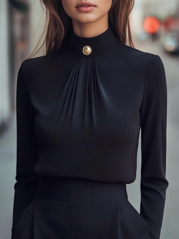 Long Sleeves Buttoned Pleated Solid Color Mock Neck Blouses&Shirts Tops