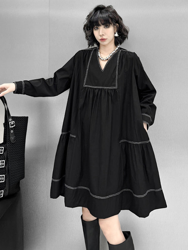 A-Line Long Sleeves Comfort Contrast Color Pleated V-Neck Mini Dresses