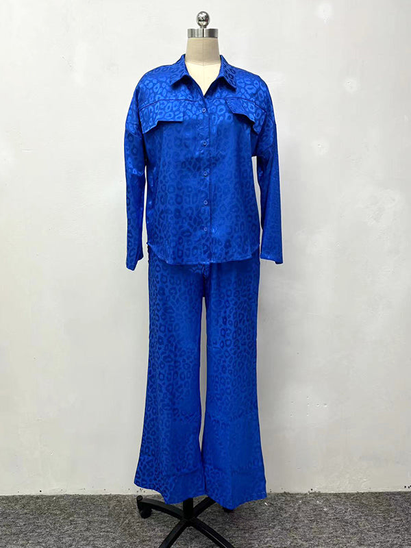 Loose Leopard Lapel Blouse Top + Wide Pants Trousers Two Pieces Set