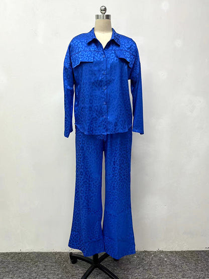 Loose Leopard Lapel Blouse Top + Wide Pants Trousers Two Pieces Set