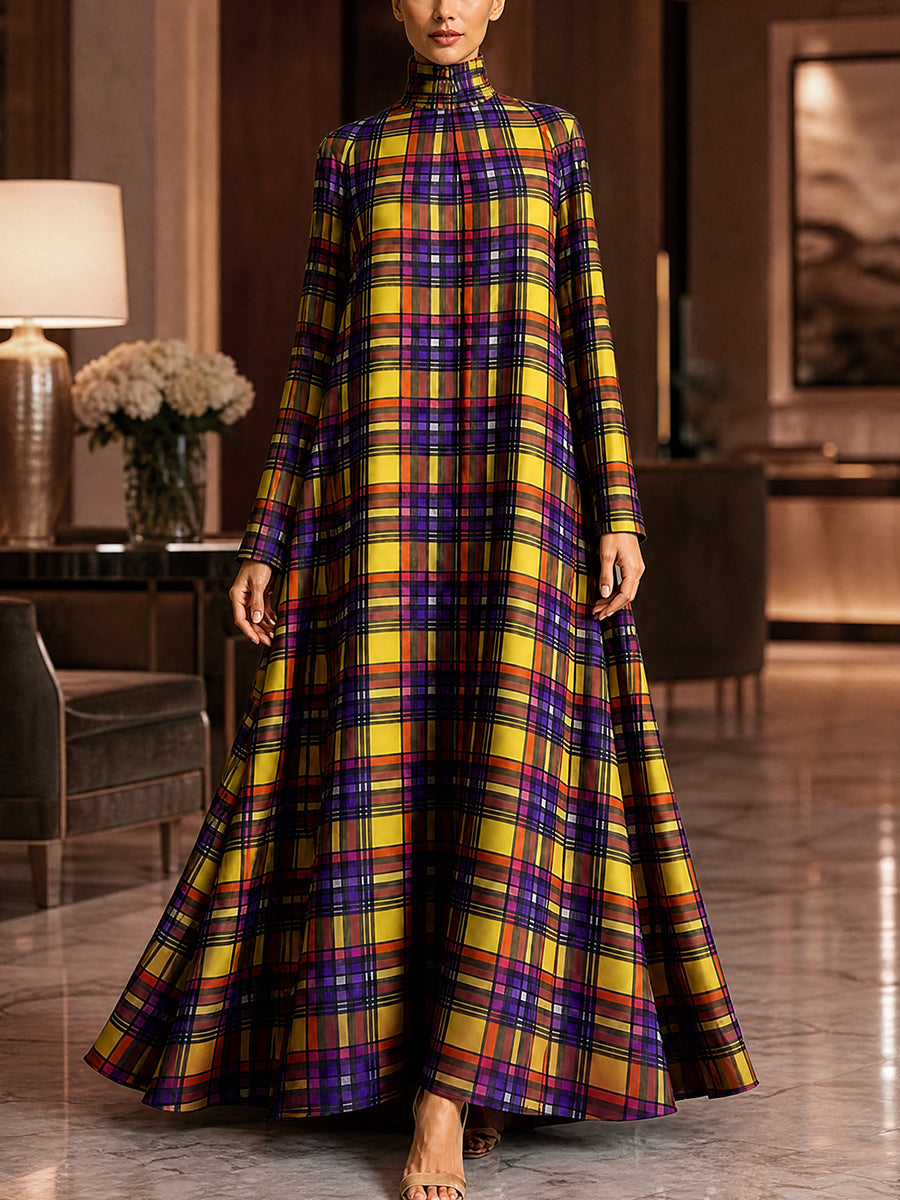 Zipper Pockets Plaid Contrast Color Big Hemline Long Sleeves A-line High-neck Maxi Dresses