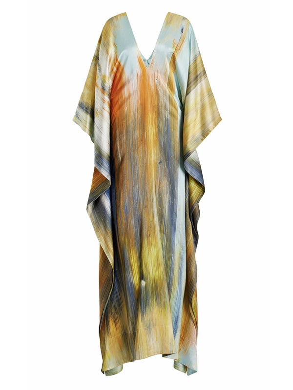 Batwing Sleeves Loose Printed Split-Joint V-Neck Maxi Dresses