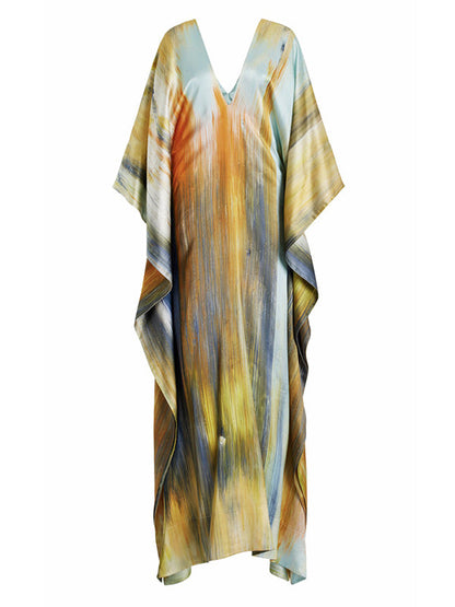 Batwing Sleeves Loose Printed Split-Joint V-Neck Maxi Dresses