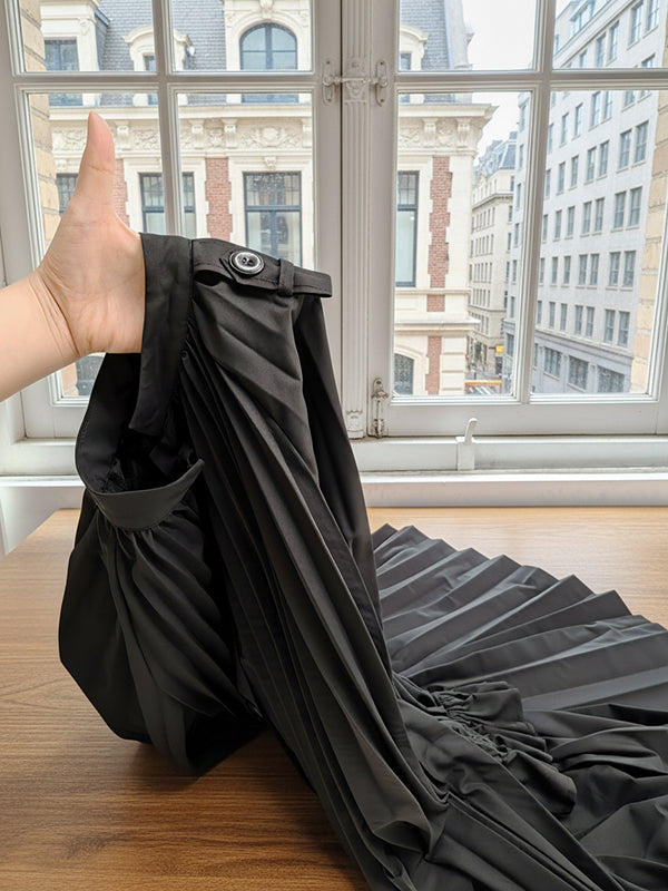 Flared Sleeves Long Sleeves Buttoned Ruffled Solid Color Tied Waist Stand Collar Midi Dresses