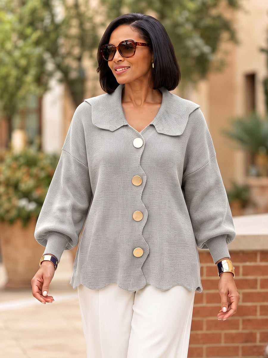 Solid Color Ribbed Knit Buttoned Asymmetric Plus Size Loose Lapel Cardigan Tops