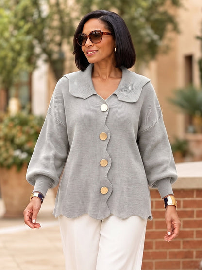 Solid Color Ribbed Knit Buttoned Asymmetric Plus Size Loose Lapel Cardigan Tops