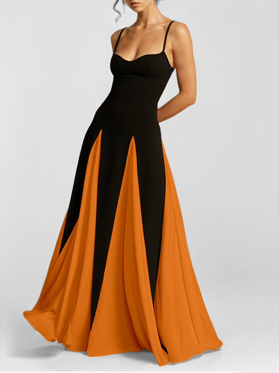 A-Line High Waisted Contrast Color Split-Joint Spaghetti-Neck Maxi Dresses