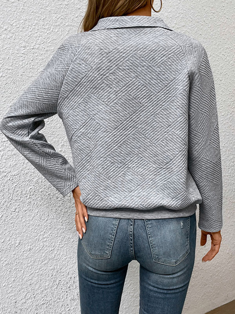 Textured Split-Joint Solid Color Pockets Buttoned Loose Long Sleeves Polo Sweatshirt Tops