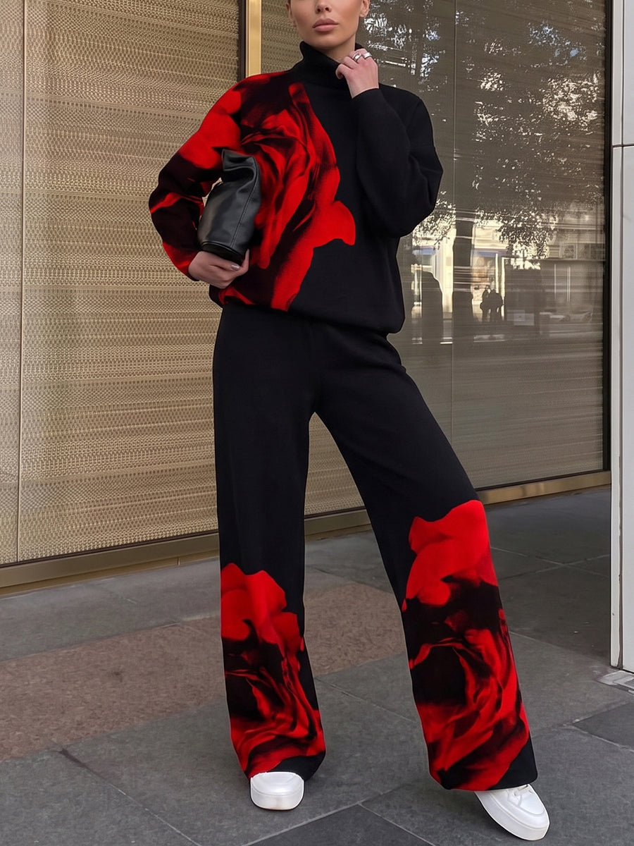 Pockets Flower Print Contrast Color High Waisted Trousers Pants