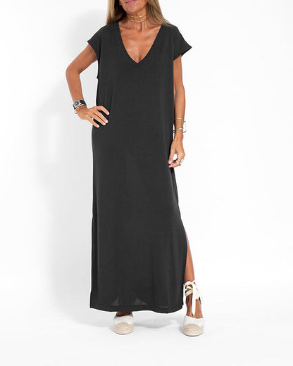 Coral | Women's V-Neck Short Sleeve Side Slit Maxi Dress