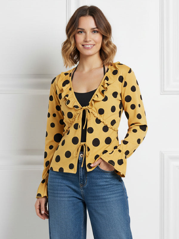 Flared Sleeves Long Sleeves Polka Dot Tied V-Neck Blouses&Shirts Tops