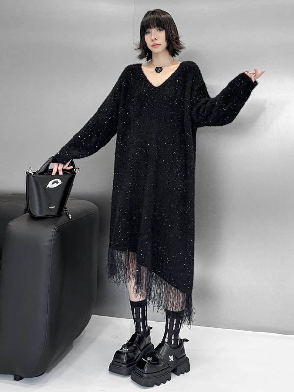 Irregularity Long Sleeves Contrast Color Sequined Shiny Split-Joint Tasseled V-Neck Midi Dresses Sweater Dresses