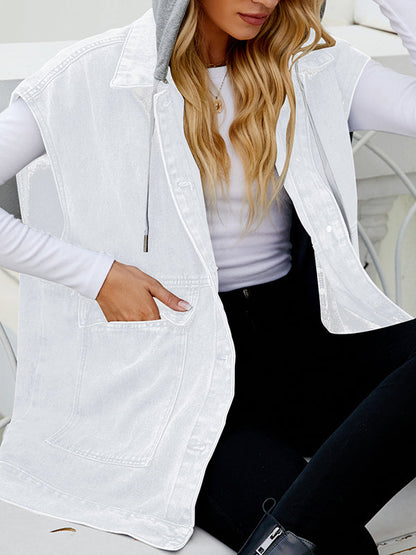 Gilet ample sans manches, boutonné, poches à capuche amovibles, col à revers fendu, vêtements d'extérieur 