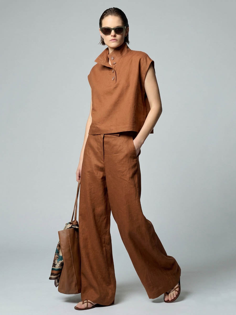 Cropped Sleeveless Buttoned Solid Color Split-Joint Stand Collar Blouses&Shirts Tops