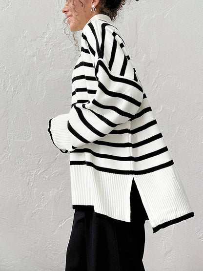 High-Low Long Sleeves Split-Joint Split-Side Striped High Neck Sweater Tops