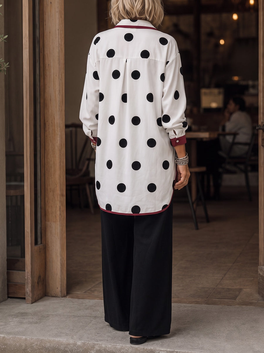 Polka-Dot Contrast Color Buttoned Loose Long Sleeves Lapel Blouses&shirts Tops