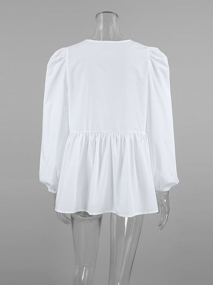 Long Sleeves Loose Elasticity Solid Color Split-Joint Tied Round-Neck Blouses&Shirts Tops