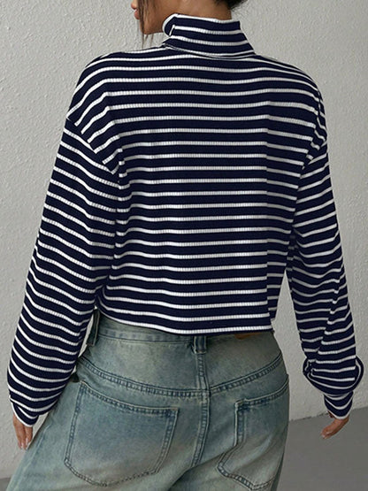 Long Sleeves Loose Contrast Color Split-Joint Striped High Neck T-Shirts Tops