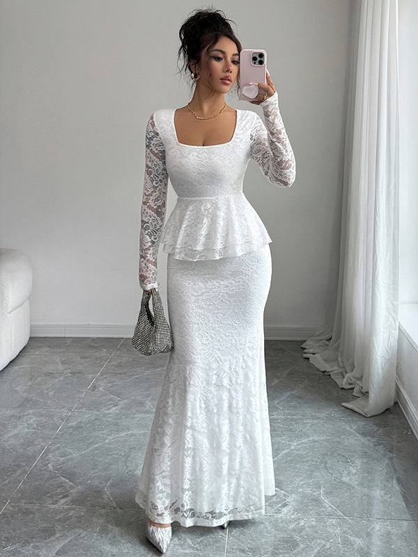 Bodycon Long Sleeves Flower Print Ruffled See-Through Solid Color Split-Joint Square-Neck Maxi Dresses