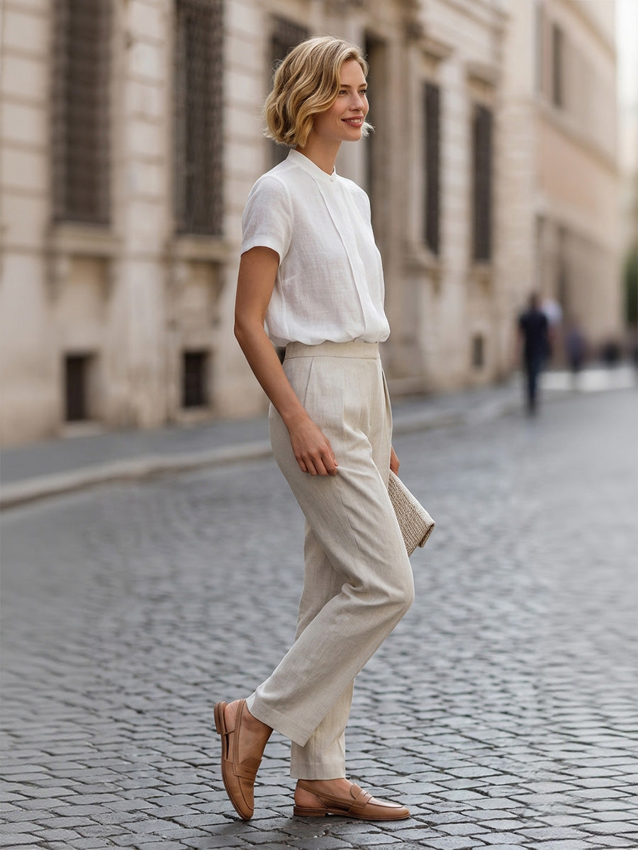 Loose Short Sleeves Buttoned Solid Color Split-Joint Round-Neck Blouses&Shirts Tops