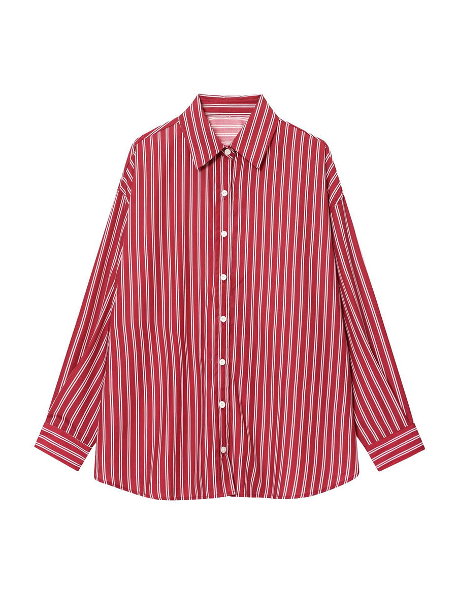 Striped Contrast Color Buttoned Loose Long Sleeves Lapel Blouses&shirts Tops