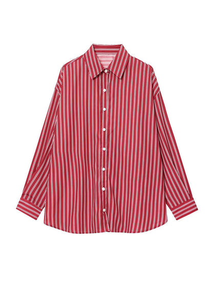 Striped Contrast Color Buttoned Loose Long Sleeves Lapel Blouses&shirts Tops