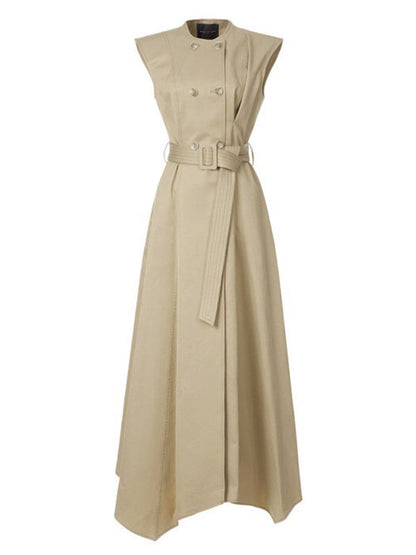 A-Line High Waisted Belted Buttoned Pockets Solid Color Round-Neck Maxi Dresses