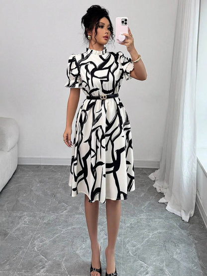 A-Line Bodycon Abstract Printed Contrast Color Ruffled Split-Joint Midi Dresses