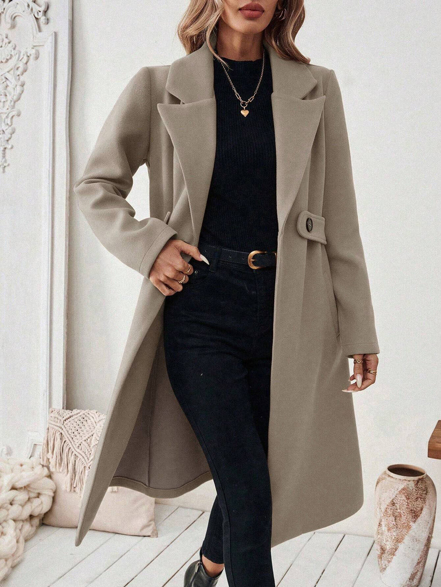 Solid Color Pockets Buttoned Loose Long Sleeves Notched Collar Woolen Coat