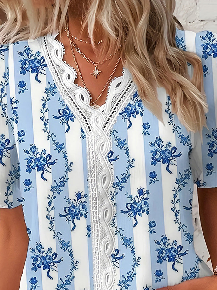 Loose Puff Sleeves Contrast Color Flower Print Hollow Pleated Split-Joint V-Neck Blouses&Shirts Tops