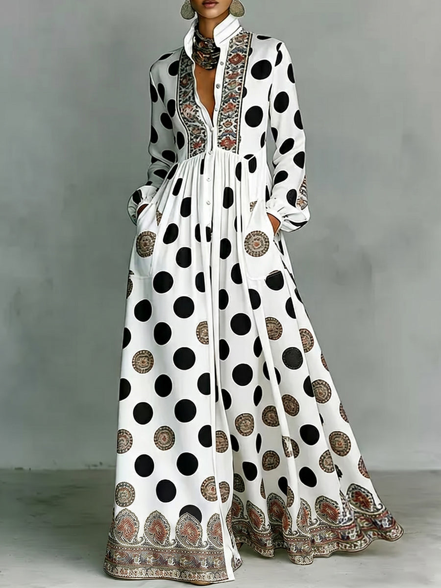 Polka-Dot Pockets Pleated Contrast Color Buttoned Big Hemline Puff Sleeves Loose Stand Collar Maxi Dresses