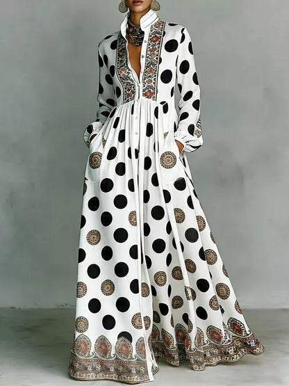 Polka-Dot Pockets Pleated Contrast Color Buttoned Big Hemline Puff Sleeves Loose Stand Collar Maxi Dresses