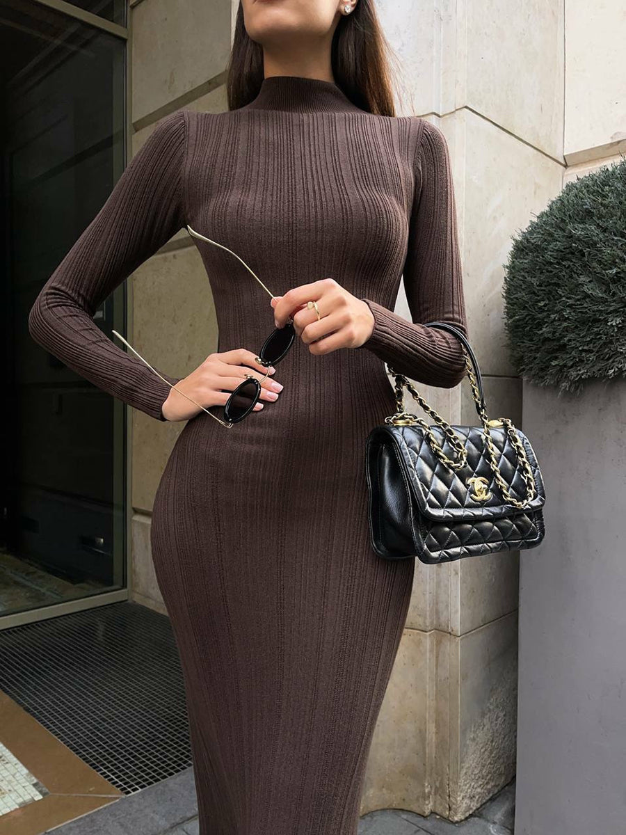 Solid Color Ribbed Knit Sleeveless Bodycon High-neck Midi Dresses