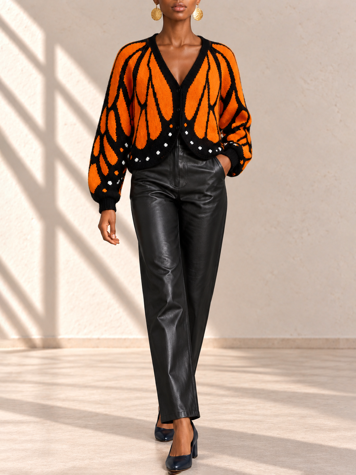 Contrast Color Butterfly Loose Long Sleeves V-neck Cardigan Tops