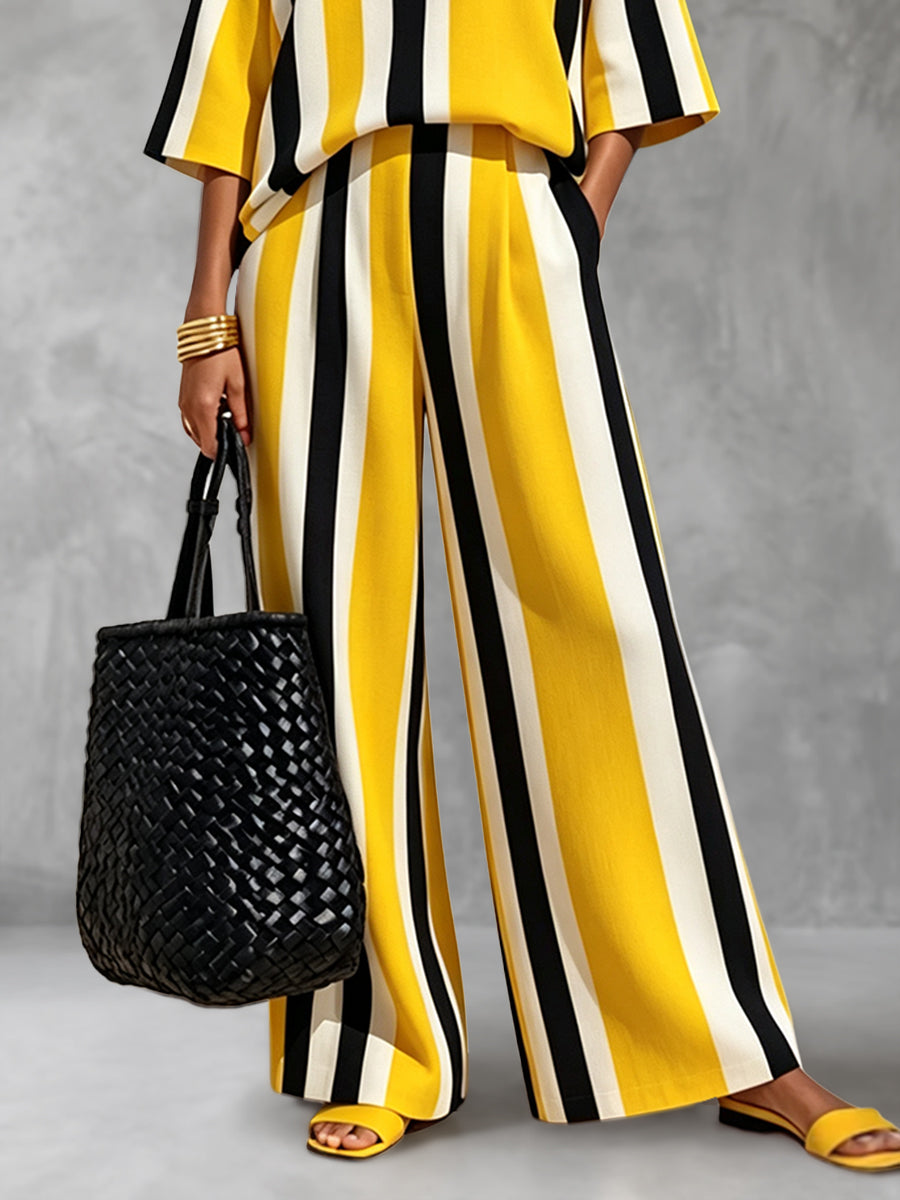Striped Pockets Elasticity Contrast Color Wide Leg Loose Trousers Pants