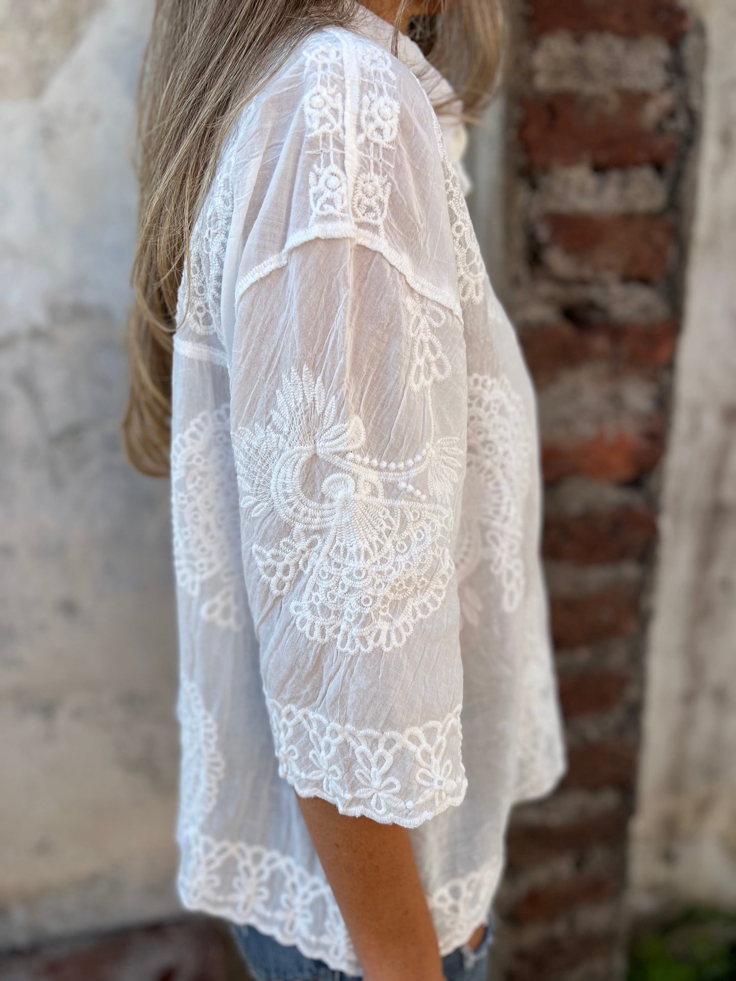 Celeste | Women's Lace Embroidered Blouse Button Down 3/4 Sleeve