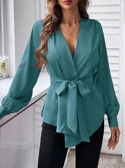 Loose Puff Sleeves Pleated Solid Color Split-Joint Tied Waist V-Neck Blouses&Shirts Tops