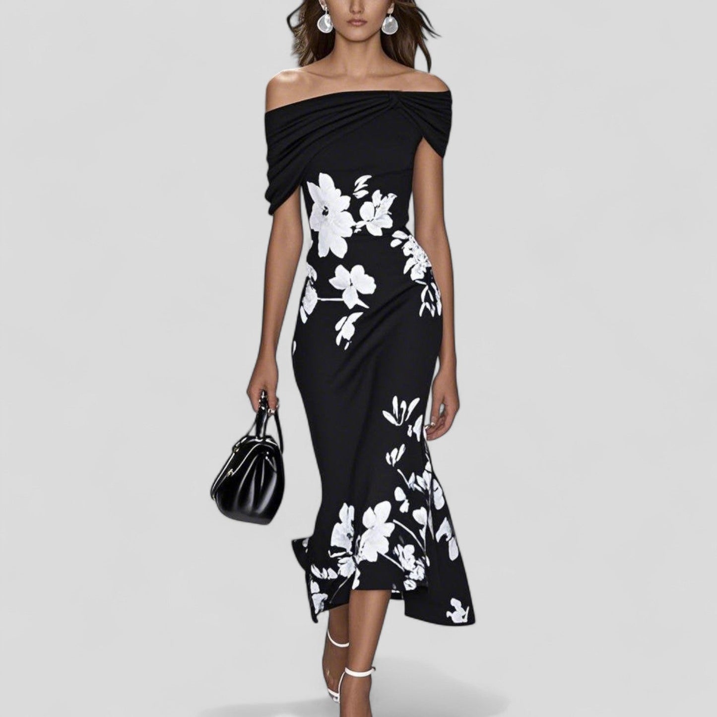 Sania | Women's Floral Off-Shoulder Ruffle Hem Midi Dress